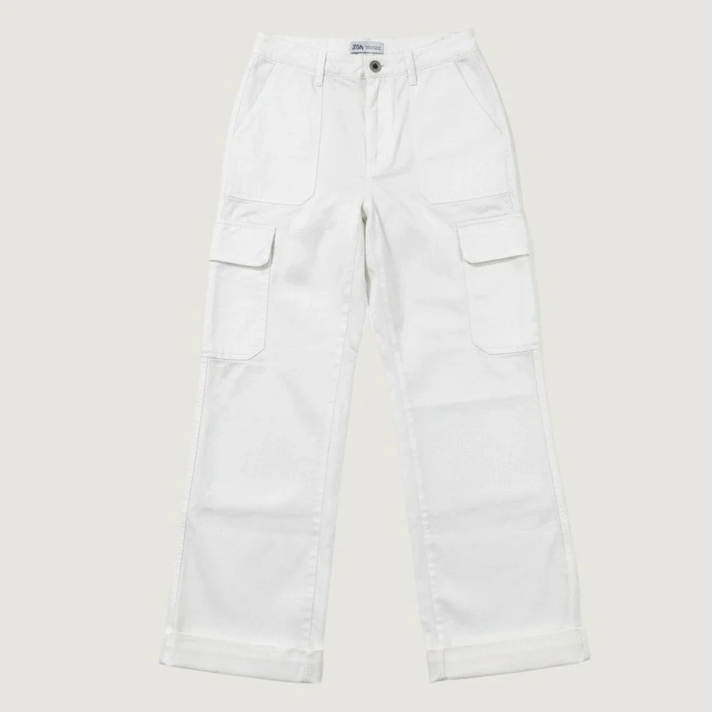Zara Cargo Pants Women 4 White Straight Leg Utility Pockets High Rise Loose Fit